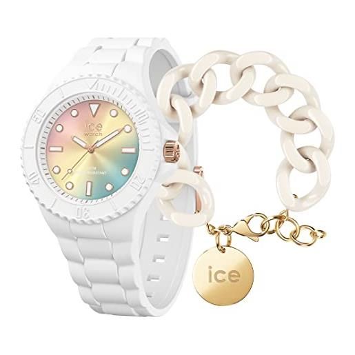 ICE-WATCH generation sunset rainbow orologio bianco da donna con cinturino in silicone, 019153 (medium) + bracciale in maglia bianca xl da donna con medaglia d'oro (020353)