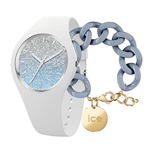 ICE-WATCH lo white blue orologio bianco da donna con cinturino in silicone, 013429 (medium) + artic blue - bracciale in maglia blu xl da donna con medaglia d'oro (020356)