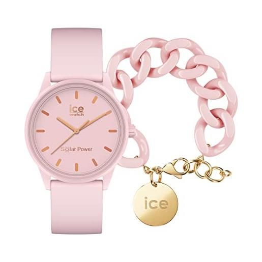 ICE-WATCH solar power pink lady orologio rosa da donna con cinturino in silicone, 018479 (small) + chain bracelet - pink lady - bracciale in maglia rosa xl da donna con medaglia d'oro (020358)