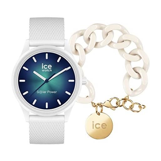 ICE-WATCH solar power abyss orologio bianco unisex con cinturino in silicone, 019028 (medium) + chain bracelet - almond skin - bracciale in maglia bianca xl da donna con medaglia d'oro (020353)