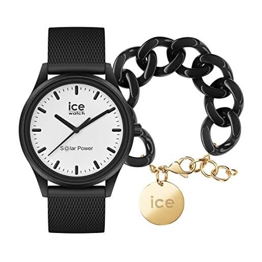 ICE-WATCH solar power moon mesh orologio nero unisex con cinturino in silicone, 018391 (medium) + chain bracelet - black - bracciale in maglia nera xl da donna con medaglia d'oro (020354)