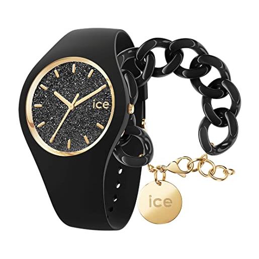 ICE-WATCH glitter black orologio nero da donna con cinturino in silicone, 001356 (medium) + chain bracelet - black - bracciale in maglia nera xl da donna con medaglia d'oro (020354)