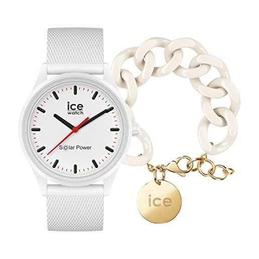 ICE-WATCH solar power polar mesh orologio bianco unisex con cinturino in silicone, 018390 (medium) + chain bracelet - almond skin - bracciale in maglia bianca xl da donna con medaglia d'oro (020353)