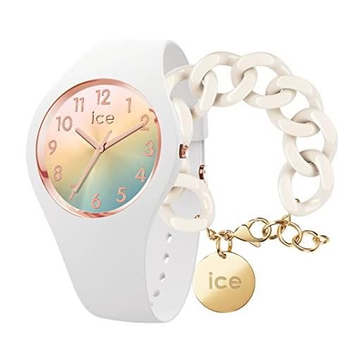 ICE-WATCH sunset rainbow orologio bianco da donna con cinturino in silicone, 015743 (small) + chain bracelet - almond skin - bracciale in maglia bianca xl da donna con medaglia d'oro (020353)