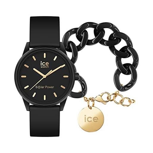 ICE-WATCH solar power black gold orologio nero da donna con cinturino in silicone 020302 (small) + chain bracelet - black - bracciale in maglia nera xl da donna con medaglia d'oro (020354)