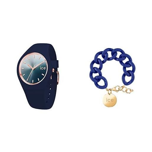 ICE-WATCH sunset blue orologio blu da donna con cinturino in silicone, 015751 (medium) +chain bracelet - lazuli blue - gold - bracciale in maglia blu xl da donna con medaglia d'oro (020921)