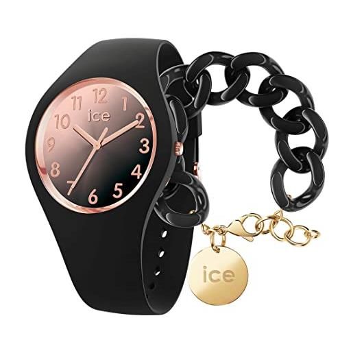 ICE-WATCH sunset black orologio nero da donna con cinturino in silicone, 015746 (small) + chain bracelet - black - bracciale in maglia nera xl da donna con medaglia d'oro (020354)