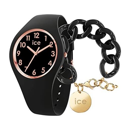 ICE-WATCH glam black rose gold numbers orologio nero da donna con cinturino in silicone, 014760 (small) + chain bracelet - black - bracciale in maglia nera xl da donna con medaglia d'oro (020354)