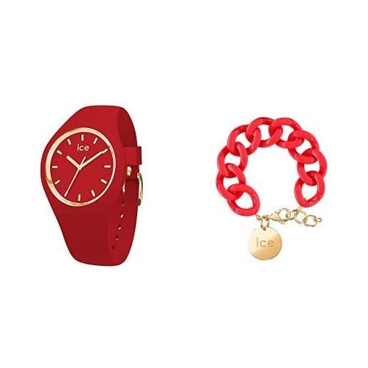 ICE-WATCH glam colour red orologio rosso da donna con cinturino in silicone, 016263 (small) + - chain bracelet - red passion - gold - bracciale in maglia rossa xl da donna con medaglia d'oro (020929)