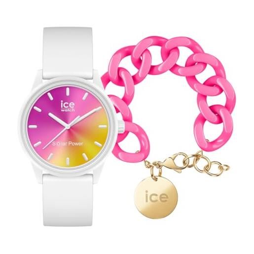 ICE-WATCH solar power sunset california orologio bianco da donna con cinturino in silicone, 018475 (small) + neon pink - gold - bracciale in maglia rosa xl da donna con medaglia d'oro (020927)