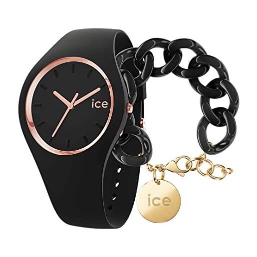 ICE-WATCH glam black rose gold orologio nero da donna con cinturino in silicone, 000980 (medium) + chain bracelet - black - bracciale in maglia nera xl da donna con medaglia d'oro (020354)