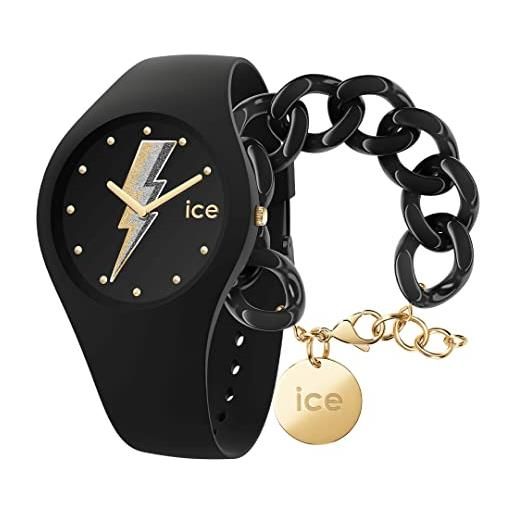 ICE-WATCH glam rock electric black, orologio da donna, con cinturino in silicone, nero, medium, 019858 + chain bracelet - black - bracciale in maglia nera xl da donna con medaglia d'oro (020354)