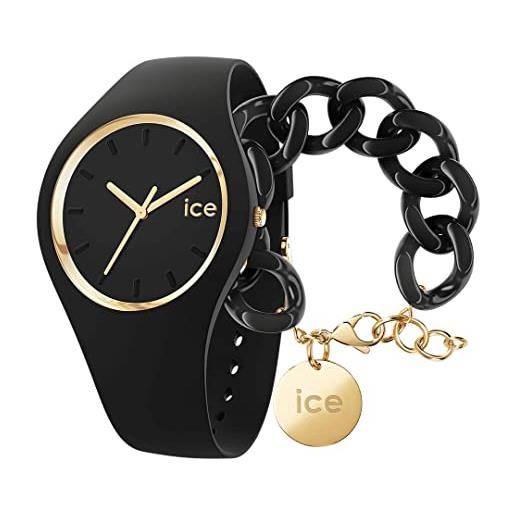 ICE-WATCH glam black orologio nero da donna con cinturino in silicone, 000982 (small) + chain bracelet - black - bracciale in maglia nera xl da donna con medaglia d'oro (020354)