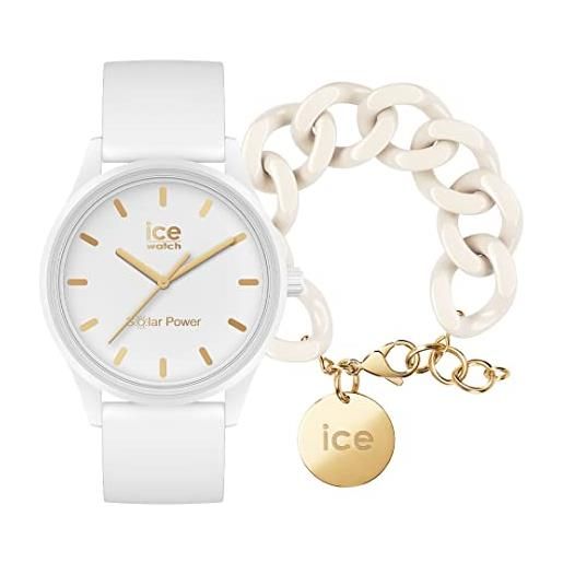 ICE-WATCH solar power white gold orologio bianco da donna con cinturino in silicone 020301 (medium) + chain bracelet - almond skin - bracciale in maglia bianca xl da donna con medaglia d'oro (020353)