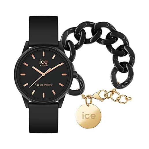 ICE-WATCH solar power black rose gold orologio nero da donna con cinturino in silicone, 018476 (small) + chain bracelet - black - bracciale in maglia nera xl da donna con medaglia d'oro (020354)