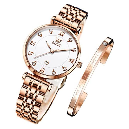 OLEVS orologi per le donne oro rosa moda elegante vestito diamante analogico quarzo signore orologi in acciaio inox data impermeabile orologi da, bianco
