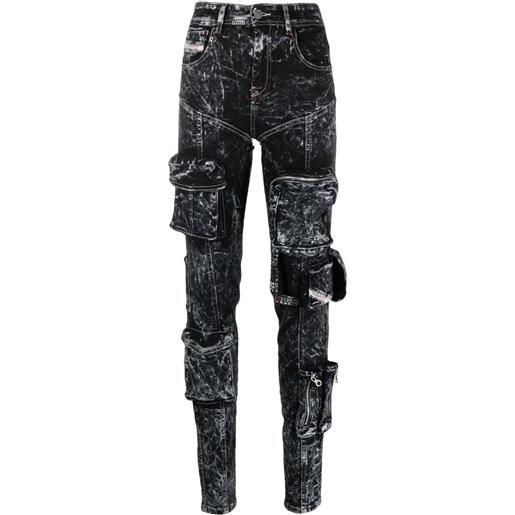 Diesel jeans skinny in stile cargo con effetto schiarito - nero