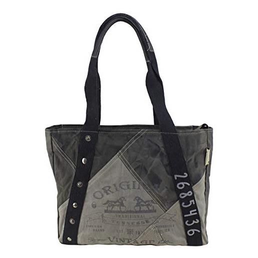 Sunsa - borsa in tela shopper da donna, in stile vintage, misura grande, a tracolla, colore nero e grigio, nero , 39x30x11 cm, rétro
