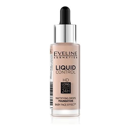 Eveline Cosmetics liquid control hd fondotinta viso opacizzante, 32 ml, n. 020 rose beige