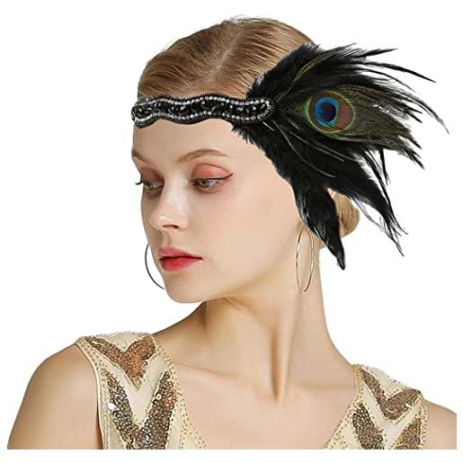 Zoestar cerchietto con piume di cristallo vintage perline gioielli per capelli anni '20 gatsby party costume accessori per le donne (nero)