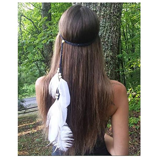 Zoestar fascia per capelli in stile bohémien, con piume bianche, stile vintage, hippie, con testa indiana, per feste e ragazze (nero)