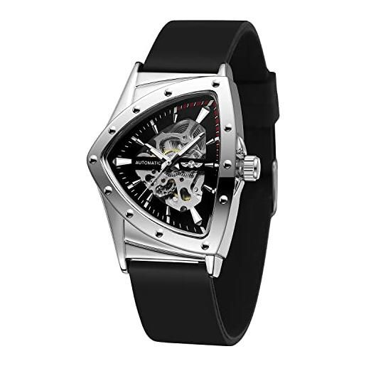 FORSINING orologio da polso meccanico triangolare scheletro impermeabile da uomo con cinturino in silicone, argento e nero, meccanico