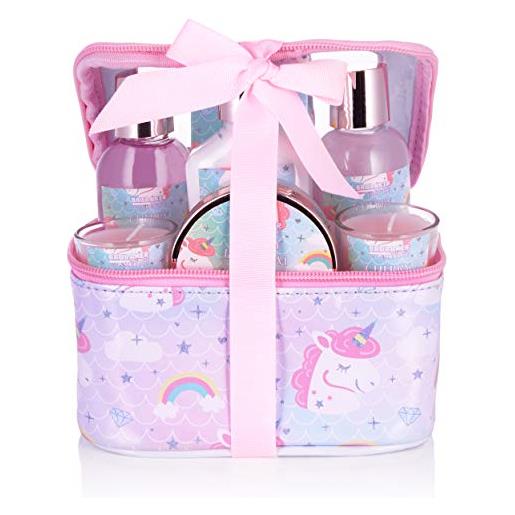 Brubaker cosmetics 7-pz. Unicorno set da bagno e doccia - cherry blossom - confezione regalo con fragranza fiore di ciliegio incl. 2 candele profumate in una scatola cosmetica