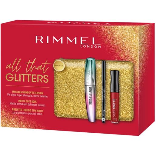 Rimmel kit all that glitters mascara 9,5ml + matita occhi kajal 1,2g + rossetto matte 5,5ml + pochette Rimmel
