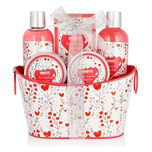 Brubaker cosmetics 6-pz. Bagno e doccia set fragola sweet love in deco cestino di metallo - set regalo di cura con design di fiori - rosa