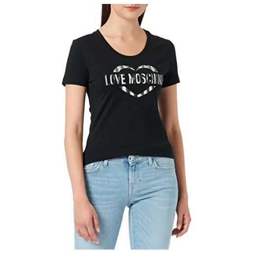 Love Moschino tight-fitting short sleeves with heart olographic print t-shirt, bianco, 52 donna