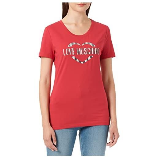 Love Moschino tight-fitting short sleeves with heart olographic print t-shirt, nero, 52 donna