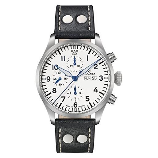 Laco cronografo kiel. 2 orologio automatico di alta qualità, diametro 43 mm, impermeabile, made in germany, cinturino in pelle bianco, cinghie