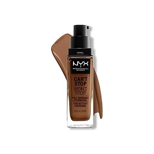 Nyx professional makeup fondotinta, can't stop won't stop full coverage foundation, lunga tenuta, waterproof, finish matte, tonalità: cappuccino