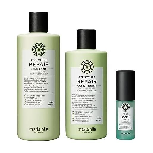 Maria Nila structure repair shampoo, balsamo e olio di argan (350/300 / 30 ml), per capelli danneggiati e trattati chimicamente, l'estratto di alghe ricostruisce e idrata