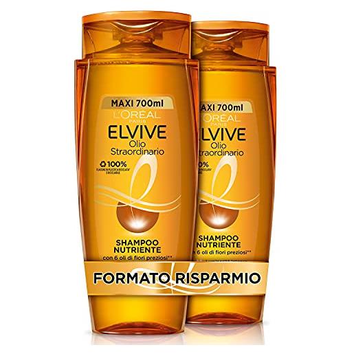 L'Oréal Paris shampoo nutriente elvive olio straordinario, per capelli secchi e spenti, maxi formato risparmio 2x700ml