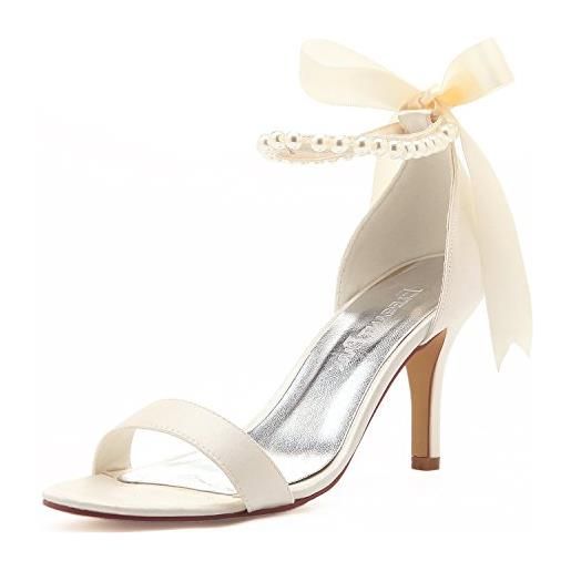 Elegantpark ep11053n donna cinturino alla caviglia open toe tacchi alti a spillo sandali perla nastro satin scarpe da sposa bianco eu 38