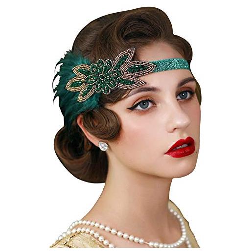 IYOU cristallo piuma gatsby testa di legno verde strass flapper pezzi per capelli vintage festa costume cerchietto accessori per capelli per le donne