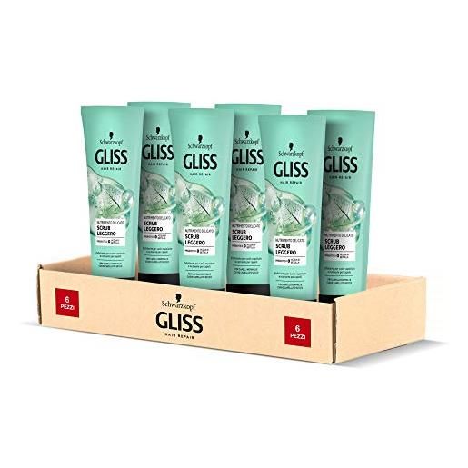 Gliss schwarzkopf Gliss, scrub leggero nutrimento delicato, scrub esfoliante per cuoio capelluto, per capelli normali e secchi, con prebiotico e acqua di betulla, confezione da 6 pezzi x 150 ml