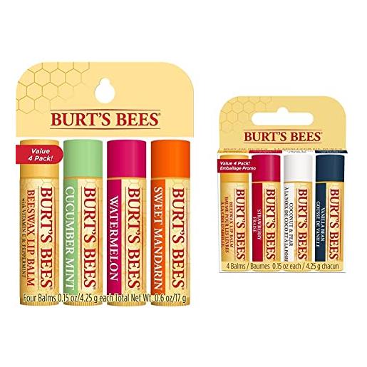 Burt's Bees balsamo naturale, confezione regalo da 4 tubetti - 60 g & balsamo labbra idratante freshly picked naturale, cera d'api, menta e cetriolo, anguria, mandarino dolce - 4 tubetti - 60 g