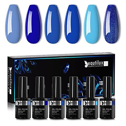 Beautilux Beautiful Luxurious beautilux - kit di smalti semipermanenti per unghie, in gel per unghie, confezione da 6 x 10 ml, per manicure vsp soak off, protesi unghie (serie blu scuro)