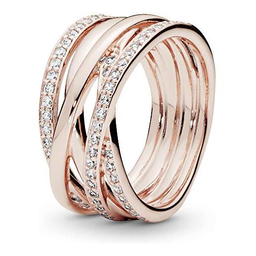 Pandora timeless anello placcato in oro rosa 14 k con linee lucide e brillanti con zirconi cubici trasparenti, 50