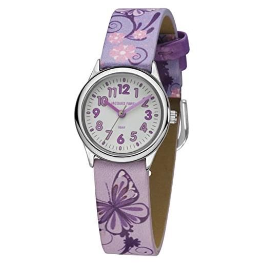 JACQUES FAREL hcc 435 - orologio da polso per bambini, analogico, al quarzo, con cinturino in similpelle, farfalle, fiori, viola, rosa, lilla, colore: viola, lilla, classico