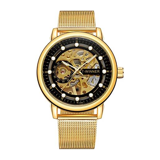 Forsining orologio da uomo vintage meccanico con cinturino magnetico cronografo impermeabile con quadrante scheletro, 2-oro, bracciale