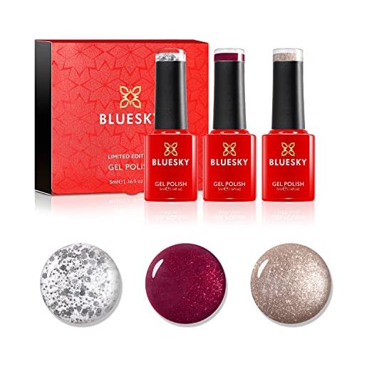 Bluesky smalto semipermente per unghie kit in gel, christmas trio gift set. 3 x 5ml (soak off uv/led gel) rosso, argento, gold, glitter - 15 ml