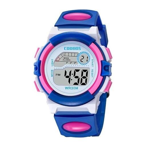 findtime orologio digitale bambino ragazzo ragazzo adolescente outdoor sport multifunzione impermeabile led luce calendario data con fascia in silicone, blu rosa, cinghia