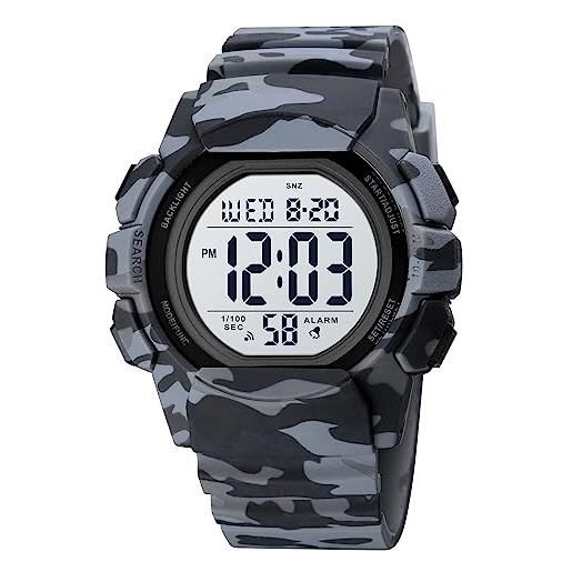 findtime orologio digitale per ragazzi, digital orologi sportivi per bambini impermeabile orologio camouflage elettronico, grigio mimetico. 