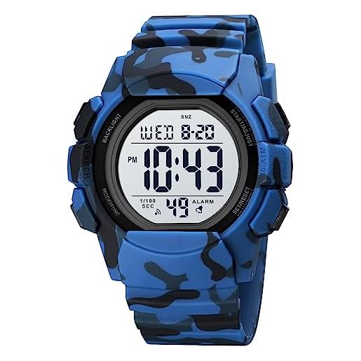 findtime orologio digitale per ragazzi, digital orologi sportivi per bambini impermeabile orologio camouflage elettronico, camo blu