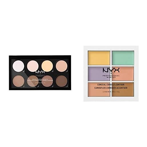Nyx professional makeup highlight & contour pro palette, contouring kit in polvere, otto tonalità matte e perlescenti & palette colour correcting, palette 6 correttori