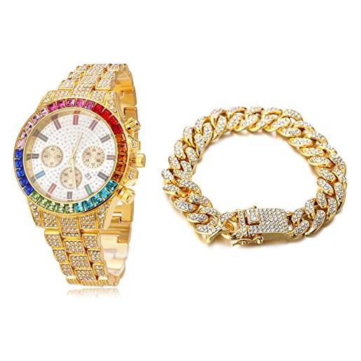 HALUKAKAH orologio d'oro con diamanti multicolore, uomo placcato oro 18 carati plated 40mm larghezza bianco quadrante quartz 21cm con catena cubane20cm bracelet, confezione regalo gratuita