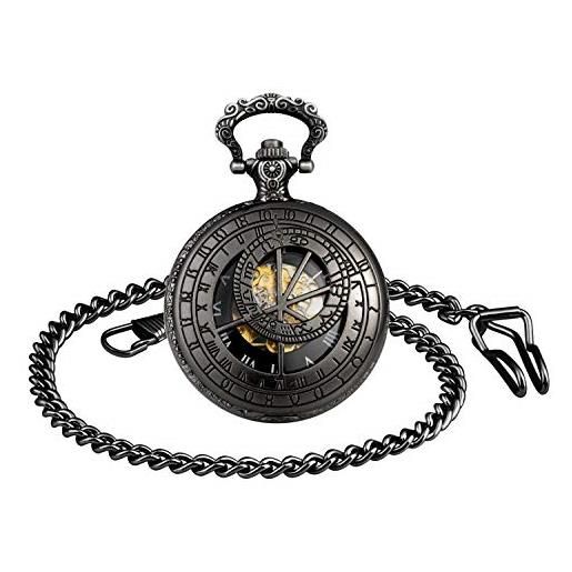 MICGIGI orologio da taschino meccanico unisex a carica manuale, 12 costellazioni, scheletro, con catena, colore nero